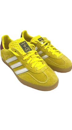 Adidas Women's Gazelle Indoor Casual/Activewear Shoes Size 7.5 shoes are in perfect condition, however box has minor damages (box retaped) Regular Fit Lace Closure Suede Upper Textile Lining Gum Rubber Outsole Color:Bright Yellow/Cloud White/Collegiate Burgundy Code:IE7003 Yellow Gazelle, Adidas Gazelle Indoor, Yellow Cloud, Casual Activewear, Cloud White, Adidas Gazelle, Neon Yellow, Lace Closure, Bright Yellow