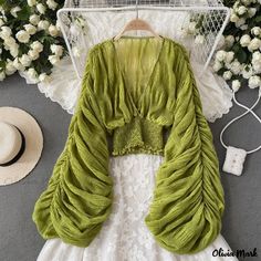 Olivia Mark - Chic Blouse with Ruffled Hem and Sleeves Maternity Photography Props, Female Design, Short Blouses, Chic Blouses, Puff Long Sleeves, Bubble Sleeve, Sleeves Clothing, Chiffon Shirt, Slim Fit Shirt