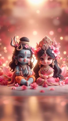 two little deities sitting next to each other in front of pink flowers and petals on the ground