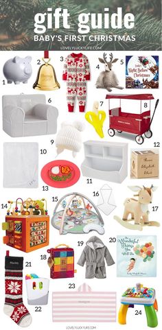 baby's first christmas gift guide with toys and gifts for the child in your life