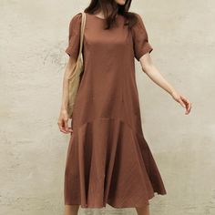 Women's Solid Cotton Linen Dress Crew Neck Short Sleeve Summer Midi Dress Solid Color Shift Midi Dress For Vacation, Solid Shift Dress For The Beach, Solid Shift Dress For Vacation, Solid Color Beach Dress For Fall, Solid Shift Midi Dress For Vacation, Beach Shift Midi Dress, Beach Shift Dress, Solid Non-stretch Midi Length Dress, Solid Color Non-stretch Midi Dress