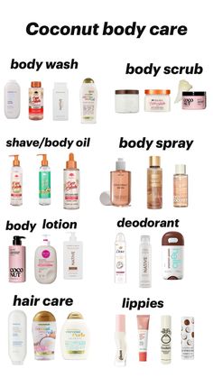 Pick your fav coconut body care items Body Care Routine Smell Good, Hygiene Products Coconut, Eos Coconut Waters Combo, Body Products Aesthetic, Coconut Hygiene Products, Vanilla And Coconut Body Care, Coconut And Vanilla Shower Routine, Self Care Products Hygiene List, Best Body Care Products