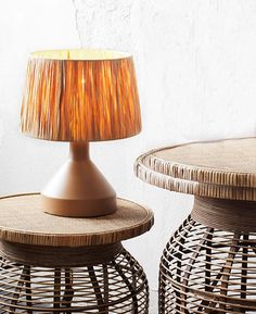 two wicker lamps sitting next to each other