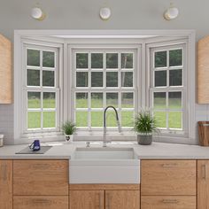 a kitchen with wooden cabinets and white counter tops next to a large window that has lots of windows