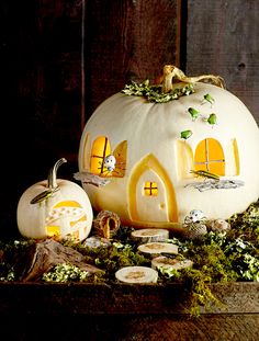 a pumpkin shaped like a house with windows and trees around it, surrounded by moss