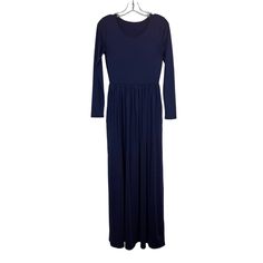 Elevate Your Vintage Fashion Game With This Casual Maxi Dress In Navy Blue. Crafted With A Round Neckline, Long Sleeves, And A Gathered Waist, This Dress Combines Comfort And Style Seamlessly. Classic Elegance: The Round Neckline And Long Sleeves Add A Touch Of Sophistication To This Vintage Piece, Making It Suitable For Various Occasions. Gathered Waist: The Dress Features Gathered Waist Pleating, Creating A Flattering Silhouette That Emphasizes Your Curves. Stretchy Comfort: Designed For A Comfortable Fit, The Stretchy Fabric Allows Ease Of Movement While Maintaining Its Shape. Functional Pockets: The Inclusion Of Pockets Adds A Practical Touch, Perfect For Carrying Your Essentials. T Blue Long Sleeve Maxi Dress For Fall, Blue Long Maxi Dress For Fall, Fitted Navy Long Sleeve Maxi Dress, Navy Long Sleeve Fitted Maxi Dress, Navy Fitted Long Sleeve Maxi Dress, Fitted Long Sleeve Navy Maxi Dress, Blue Long Sleeve Midi Dress For Daywear, Blue V-neck Long Sleeve Dress For Fall, Fitted Blue Long Sleeve Casual Dress