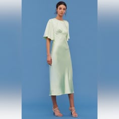 New With Tags Midi Length Flutter Sleeves Keyhole Back Zipper On Side Elegant Green Midi Dress With Flutter Sleeves, Spring Feminine Midi Dress With Butterfly Sleeves, Feminine Spring Midi Dress With Butterfly Sleeves, Spring Midi Dress With Butterfly Sleeves, Spring Party Midi Dress With Butterfly Sleeves, Chic Midi Dress With Butterfly Sleeves, Summer Midi Dress With Butterfly Sleeves For Party, Summer Party Midi Dress With Butterfly Sleeves, Chic Midi Dress With Butterfly Sleeves For Spring