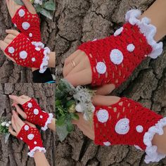 two doll hands wearing red and white crocheted mittens on top of a tree