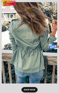 Green Four Pockets Zipper Closure Jacket Green Jacket Outfit, Drawstring Neckline, Pocket Jacket, Dress Size Chart, Sleeve Detail, Green Jacket, Cinched Waist, Jacket Sale, Casual Jacket