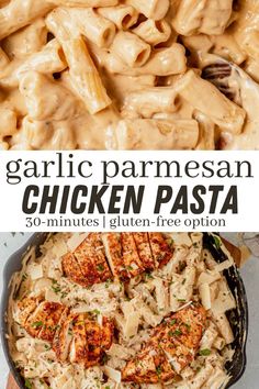 garlic parmesan chicken pasta in a skillet with text overlay