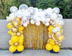 Yellow and white organic balloon arch with beer foil balloons Beer Party Theme Decorations, Beer Mug Balloon Arch, Beer Festival Decorations, Beer Fest Birthday Party, Bubbles And Brews Balloon Arch, Beer Themed Birthday Party Food