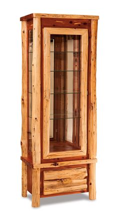 a wooden cabinet with glass doors on the front and bottom shelves, made out of logs