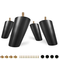 three black plastic cones with screws and studs next to each other on a white background