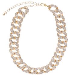 Add some sparkle to your ensemble with this Thick Chain Rhinestone Necklace. This dazzling necklace boasts a gold-colored metal base that has the look of a thick chain. Each of the chain links is covered in small, clear rhinestones. Pair it with a complementary bracelet or pair of earrings for a stylish look. Details: 	 Length: 16" 	 Thickness: 9/16" 	 Metal Color: Gold Card contains 1 necklace. Gold Chain Link Necklace With Bling, Gold Bling Chain Link Necklace, Gold Cuban Link Chain Necklace With Crystals, Gold Crystal Rhinestone Necklace With Chain, Gold Cuban Link Crystal Chain Necklace, Gold Crystal Cuban Link Chain Necklace, Gold Chain Link Necklace With Rhinestones, Gold Chain Link Rhinestone Necklace For Party, Metal Rhinestone Necklace Chain Link