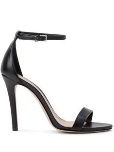 black leather smooth grain round open toe buckle-fastening ankle strap branded footbed single toe strap high stiletto heel leather sole Leather Sandals With 4-inch Heel And Double Strap, Evening Heels With Single Strap And Open Heel, Evening Sandals With Single Ankle Strap, Evening Sandals With Single Strap And Open Heel, Sleek Single Strap Ankle Heels, Formal Sandals With Single Toe Strap, Formal Sandals With Single Strap And Toe Strap, Evening Heels With Single Toe And Strap, Sleek Heels With Heel Strap And Open Heel