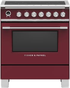 a red stove top oven with two burners and one door on the front side