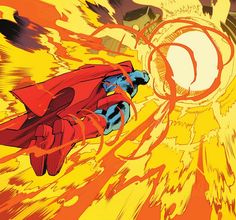 a comic character flying through the air in front of an orange and yellow background with flames