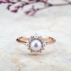 Elara - Akoya 5mm Pearl Rings Flower Ring Custom Gold Jewelry promise ring Pearl And Diamond Ring Engagement, Mind Drawing, Rings Flower, Fresh Aesthetic, A Promise Ring, Diamond Ring Engagement, Trio Ring, Pearl Rings, Rutilated Quartz Ring