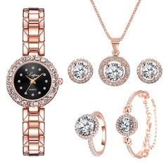 Luxury 6PCS Wristwatche Set Women Rose Gold Quartz Watch Jewelry - Genuine - Gemstone Watch Band Bracelet, Crystal Dress, Rhinestone Watches, Watch Set, Rose Gold Quartz, Crystal Watches, Luxury Diamonds, Band Bracelet, Stylish Watches