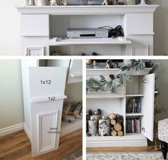 three different views of a fireplace with christmas decorations on the mantle and below it is an entertainment center