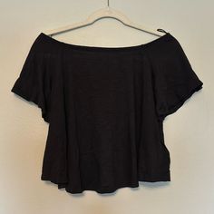 Brand New Express Off The Shoulder Flowy Tee. Size Small, Black Black Relaxed Fit Top For Summer, Off The Shoulder Tee, Polo Blouse, Embellished Shorts, Purple Tee, Lace Tee, Grey Tie, Beautiful Kimonos, Front Tie Top