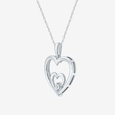 This intricate heart-shaped pendant necklace by Yes, Please will add a sweet, sophisticated touch to any outfit. Made from Sterling Silver, it has a tiered heart pendant design with a single round-cut genuine diamond for subtle sparkle. Team it with your favorite blouse or sweater and jeans. Features: Diamond Accent, In A Gift BoxDiamond Clarity: I3Jewelry Closure: Spring Ring ClaspLink Construction: SolidSetting: NickShape: HeartStone Cut: RoundDiamond Color: I-JMetal Color: WhiteChain Length: Anniversary Double Heart Charm Necklace, Double Heart Charm Necklace For Anniversary, Mother's Day Heart Pendant Necklace, Mother's Day Heart Cut Necklace With Heart Detail, Mother's Day Double Heart Necklace, Anniversary Double Heart Necklaces With Heart Detail, Double Heart Necklaces With Heart Detail For Anniversary, Elegant Heart Necklace As Gift For Mom, Elegant Heart Necklace For Mom