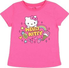 Playful Hello Kitty T-shirt For Summer, Playful Hello Kitty Summer T-shirt, Playful Hello Kitty Print T-shirt For Summer, Hello Kitty Print Playful T-shirt For Summer, Pink Cotton Hello Kitty T-shirt, Playful Hello Kitty Print Cotton T-shirt, Multicolor Short Sleeve T-shirt With Hello Kitty Print, Playful Hello Kitty Crew Neck T-shirt, Playful Cotton T-shirt With Cat Design