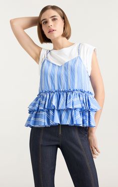 Elevate your casual look with our Samantha Top. This pre-styled cotton top features a seersucker tank overlay and a peplum silhouette for a flattering fit. With short sleeves for added comfort, this top is perfect for any occasion. Look effortlessly chic and stylish in our Samantha Top. Details Pull onFabric: Seersucker StripeFitted silhouettePre-styled detailsShort sleeve Content and Care 100% Cotton/ 69% Viscose 16% Polamide-Nylon 15% PolyesterDry CleanImported Measurements 21.75in/55.25cm fro Spring Cotton Ruffled Tank Top, Spring Layering Cotton Blouse, Spring Cotton Ruffle Tank Top, Spring Cotton Tank Top With Ruffles, Cotton Tops With Ruffle Hem For Summer, Spring Tops With Ruffles, Spring Ruffle Tops For Daywear, Spring Ruffled Tops For Daywear, Summer Tops With Ruffle Hem For Day Out