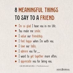 an orange and white poster with the words 8 meaningful things to say to a friend