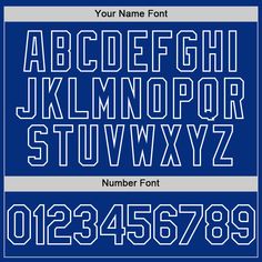 a blue and white font set with numbers on the bottom, upper and lower letters