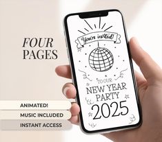 someone is holding their new year's eve party phone case with the text four pages on it