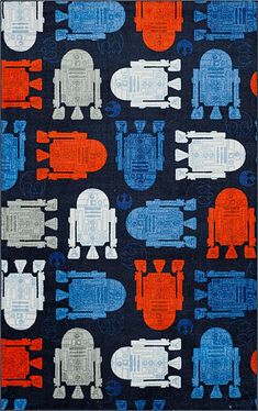 a blue and red rug with robots on it