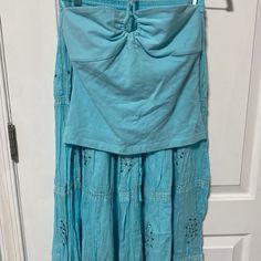 Turquoise Top And Skirt Set Mixed Sizes Both New With Tags Top Is A Large And Skirt Is A Medium. These Did Not Originally Come Together But They Just Match So Well And Looks So Cute. Let Me Know If You Would Like To Split Them Up. Light Blue Lined Skirt For The Beach, Light Blue Cotton Skirt For Vacation, Light Blue Long Beach Skirt, Light Blue Long Skirt For Beach, Light Blue Beach Skirt, Light Blue Mini Skirt For Summer Beach, Light Blue Mini Skirt For Beach And Summer, Casual Flowy Turquoise Skirt, Turquoise Lined Skirt For Summer