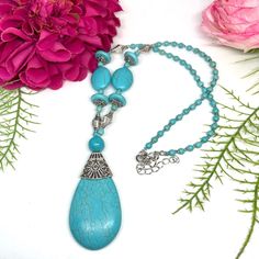 Absolutely Stunning Fabulous Turquoise Look Genuine Howlite Dyed Stone Teardrop Beaded Necklace W/ Ornate Silver Tone Beads. No Markings. New Boutique Item Measurements: See Photos Please! Size References Included. About 18” Long Plus 3” Extender Tags: Antique, Classy, Retro, Chic, Glam, Opera, Dinner, Date, Anniversary, Birthday, Party, 1920, 1930, 1940, 1950, 1960, 1970, 1980, 20’s, 60’s, 10k, 12k, 14k, 18k, Plated, Filled, Golden, Diamond, Jewel, Jewelry, Bauble, Multicolor, Colorful, Iridesc Bohemian Beaded Teardrop Turquoise Necklace, Bohemian Teardrop Polished Beads Necklace, Bohemian Beaded Teardrop Necklace, Bohemian Teardrop Beaded Necklace, Blue Turquoise Teardrop Necklace With Gemstone Beads, Blue Teardrop Gemstone Beaded Necklaces, Blue Teardrop Gemstone Beads Necklace, Turquoise Gemstone Beaded Necklaces With Teardrop Shape, Turquoise Teardrop Gemstone Beaded Necklaces