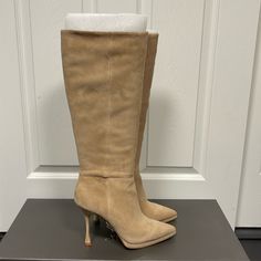 Nib Gorgeous Suede Knee High Boots Inside Half Zip Micro Platform Slight Flared Heel Sold Out In This Color/Size Combo Never Worn. Came With One Small Mark On Left Front (Pictured) True To Size No Returns If Fit Is An Issue Fitted Suede Heeled Boots With Snip Toe, Fitted Heeled Boots With Suede Lining And Almond Toe, Elegant Suede Heeled Boots With Snip Toe, Fitted Suede-lined Heeled Boots With Almond Toe, Fitted Almond Toe Heeled Boots With Suede Lining, Beige Knee-high Heeled Boots For Formal Occasions, Beige Knee-high Heeled Boots For Formal Events, Elegant Beige Boots With 4-inch Heel, Fitted Suede Heeled Boots With Closed Toe