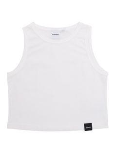 Aspesi cropped white cotton tank top for children with contrasting black brand logo label on the front.Composition: 100% COTTON White Sleeveless Crop Top For Streetwear, Basic White Cotton Crop Top, White Tank Crop Top For Streetwear, White Sporty Crop Top Tank, Basic White Cropped Tank Top, White Sleeveless Crop Top For Everyday, White Basic Cotton Crop Top, Everyday White Cropped Top, White Cropped Tank Top For Streetwear