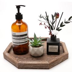 a bottle of soap next to a potted plant on a wooden tray