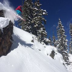 a person on skis jumping over a cliff in the snow with trees behind them