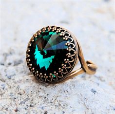 Emerald Ring, Swarovski Crystal Ring - Crown Victorian - Emerald Green and Antiqued Brass Adjustable Ring