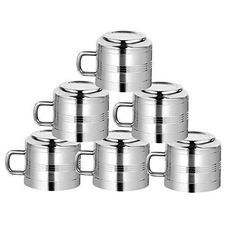 six stainless steel coffee mugs stacked on top of each other