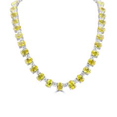 JULEVE 18KT WHITE GOLD 33.53 CTW YELLOW SAPPHIRE & 8.40 CTW DIAMOND NECKLACE Luxury Yellow Oval Necklace, Luxury Yellow Oval Necklaces, Luxury Yellow Necklaces For Anniversary, Luxury Yellow Necklaces For Formal Occasions, Classic Yellow Necklace, Classic Yellow Necklaces For Formal Occasions, Yellow Sapphire, Brilliant Diamond, Round Brilliant