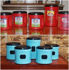 an image of some blue jars and red containers on top of a wooden table with the caption's facebook page below it