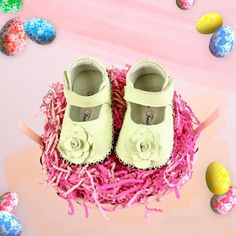 These Adorable Mary Jane Style Baby Shoes Are Perfect For Any Special Occasion Or Everyday Wear. With A Snap Closure, They Are Easy To Put On And Take Off, And The Faux Leather Outsole Makes Them Comfortable For Little Feet. They Come In A Beautiful Green Pear Color With A Patent Leather Upper Material That Will Make Any Little Princess Feel Like Royalty. The Shoes Feature A Variety Of Themes Including Easter, Flowers, Roses, Butterflies, Holidays, Baby Showers, Birthdays, Special Occasions, St. Cute Spring Mary Janes With Closed Toe, Spring Gift Booties With Soft Sole, Spring Mary Janes With Soft Sole And Round Toe, Spring Leather Booties With Soft Sole, Cute Leather Spring Booties, Cute Booties For First Birthday In Spring, Pink Leather Spring Booties, Leather Booties With Soft Sole For Gift, Leather Booties With Soft Sole As Gift