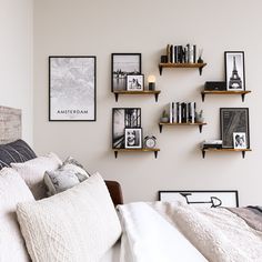 Complement your bedroom décor with this chic floating wall shelf set, where you can display and organize books, photo frames, souvenirs, collectibles, self-care items, alarm clock, fake plants, and more. You can create a rustic wall décor by staggering all 6 on the same wall or use two separately on your bedside as nightstands. These wall organizers can also be used as kitchen wall shelves, bookshelves, or bathroom storage shelves. Mounted Bedside Table, Wall Hanging Shelf, Rustic Floating Shelves, Display Pictures, Apartment Bedroom Decor, Wall Bookshelves, Redecorate Bedroom, Shelves In Bedroom, Small Room Bedroom