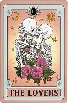 the lovers tarot card with two skeletons and flowers