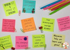 colorful sticky notes on a white surface with markers and magnets to help students learn how to use them