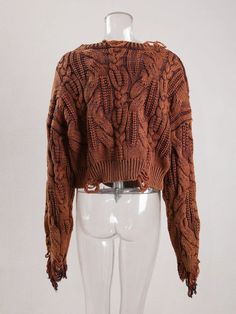 Crafted with a unique design and tassel detailing, this sweater will make a statement. The loose fit provides comfort and versatility, perfect for any occasion. - Color: Brown- Style: Sweater- Pattern Type: Solid- Sleeve Length: Long Sleeves- Neckline: Round Neck- Fabric: Wool Blend- Closure Type: Pullover- Details: Hollow Out- Fit Type: Loose Fit- Occasion: Casual- Gender: Women- Size: S, M, L (Unit: cm) Oversized Fringe Sweater For Fall, Oversized Fringe Sweater For Winter, Trendy Fringe Sweater For Fall, Casual Fall Sweater With Tassels, Fall Tassel Long Sleeve Sweater, Winter Knit Sweater With Tassels, Long Sleeve Knit Sweater With Tassels, Casual Fringe Sweater For Fall, Fall Long Sleeve Fringe Sweater