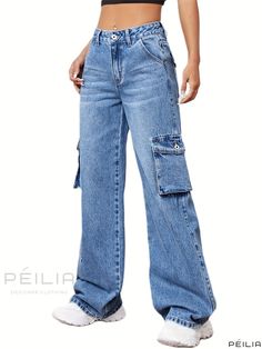 Peilia - Modern Womens Denim Jeans - Blue Loose Fit Straight Leg Pants with Flap Pockets in Boyfriend Style, Inspired by Y2K & Kpop Fashion Trends Blue Denim Flare Jeans With Side Pockets, High Rise Blue Flare Jeans With Pockets, Trendy Baggy Blue Cargo Jeans, Trendy Blue Baggy Cargo Jeans, Blue High Rise Flare Jeans With Pockets, Mid-rise Blue Flare Jeans With Side Pockets, Blue Utility Cotton Flare Jeans, Blue High Rise Flare Jeans, Blue Cotton Utility Flare Jeans