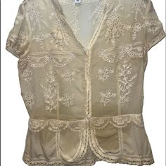 This Blouse Is So Dainty And Feminine- It Has Gorgeous Sequin Embellishments! Size 8. Excellent Condition/Never Worn Formal Summer Lace Top Blouse, Formal Summer Lace Blouse, Beige Lace V-neck Top, Beige V-neck Top For Wedding, Formal V-neck Tops With Lace Trim, Short Sleeve Lace Top For Spring Formal, V-neck Lace Top For Formal Occasions, Formal Short Sleeve Lace Top For Spring, Formal V-neck Lace Top