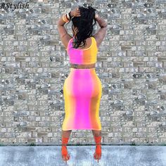 Rainbow Gradient Print Sexy Crop Top Midi Skirt Two Piece Set Summer Bodycon Pencil Skirt, Pink Mini Skirt For Club In Summer, Spring Club Bodycon Skirt, Spring Bodycon Skirt For Club, Fitted Multicolor Mini Skirt For Summer, Fitted Multicolor Summer Mini Skirt, Pink Club Skirt For Summer, Summer Bodycon Bottoms, Summer High Waist Bodycon Skirt